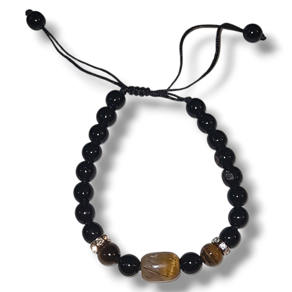 Black Agate Tiger Eye‎ Beaded Slide Bracelet Adjustable Gemstone Rhinestone